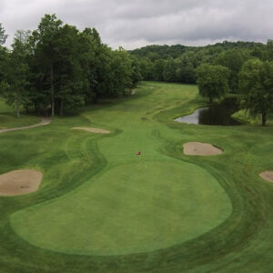 Aerial image of a green and fairway at Salt Creek Golf Retreat