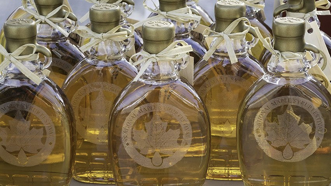 Product shot of bottles of golden maple syrup are lined up.