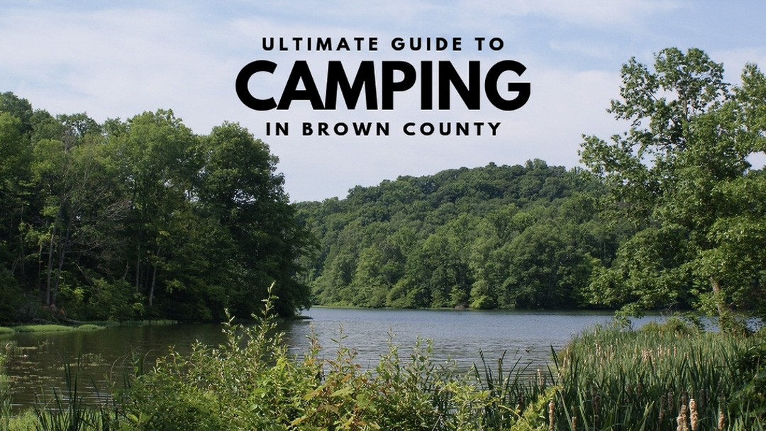 Lake with wild flowers and reeds in the foreground and forest in the background with a partly cloudy sky with text over the top portion of the image which reads "Ultimate Guide to Camping in Brown County"