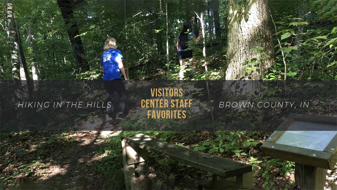 Two persons hiking in the woods with text over the image reading "Hiking in the Hills, Visitors Center Staff Favorites, Brown County, IN