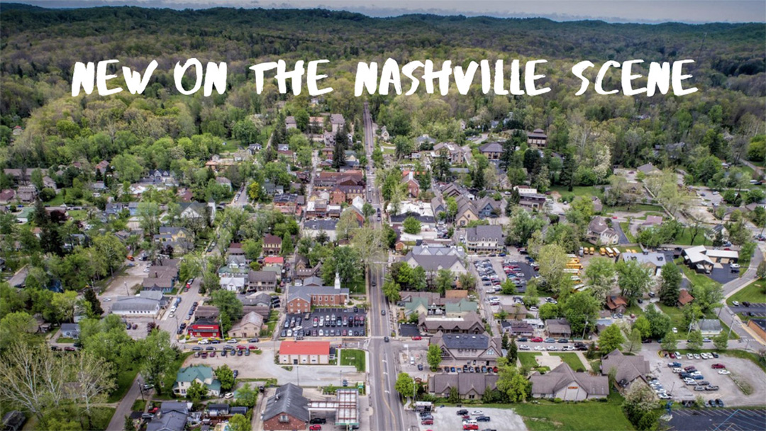 Aerial view of downtown Nashville, Indiana with text at the top of the image reading "New on the Nashville Scene"