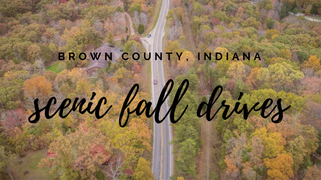 Aerial of car driving on a road amongst colorful fall foliage