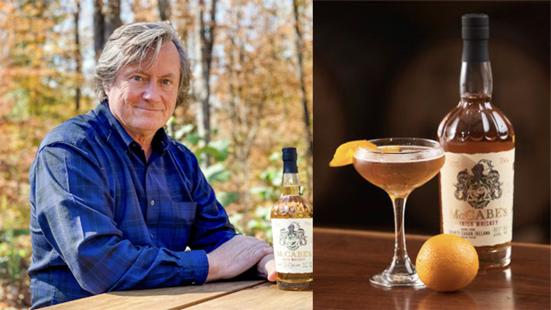 Picture montage with portrait photo of Jeff McCabe with a bottle of whiskey on the left and a product photo of a glass of whiskey with an orange slice on the rim, an orange and a bottle of McCabe's Irish Whiskey on the right