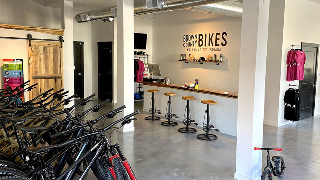 Interior Brown County Bikes with bikes lined up for rental