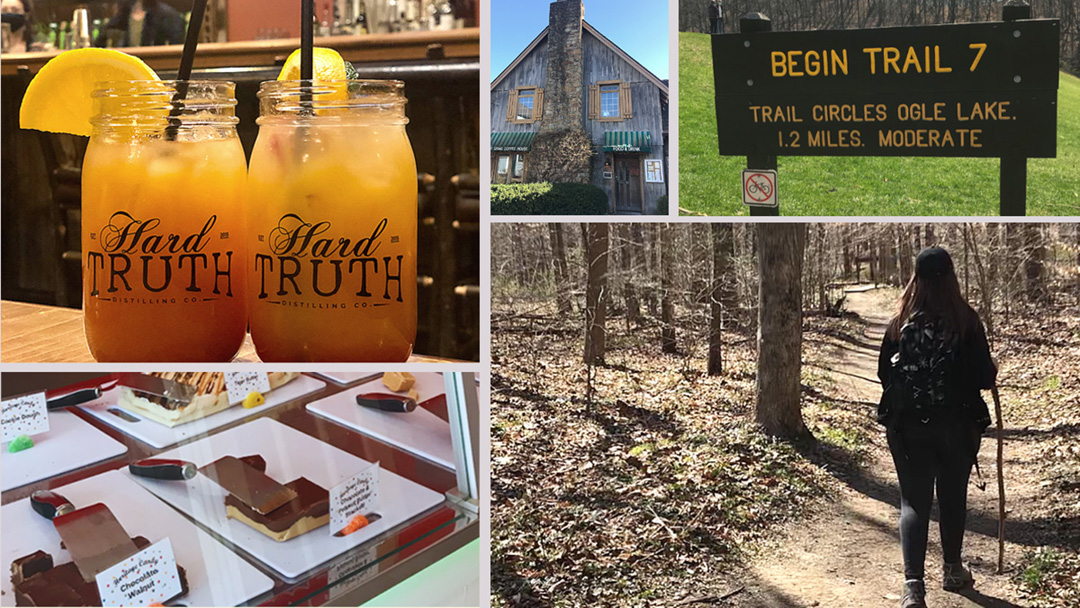 Image montage including glasses of sangria, weathered building exterior,Begin Trail 7 sign, fudge in a store display and a woman hiking from behind