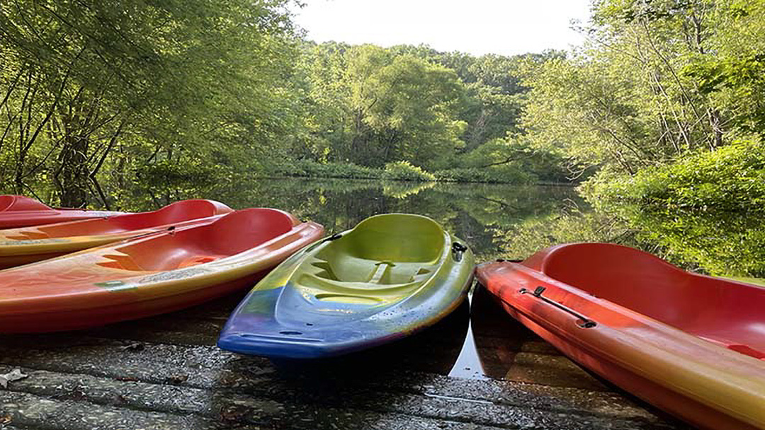 Five colorful empty kayaks sit at the edge of the water