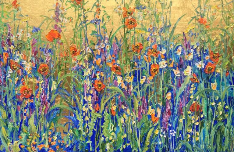 Grandmas Garden gold leaf and oil 24 x 36 in blues Patricia Rhoden Bartels 768x498