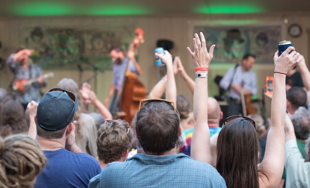 Group of concert goers from the back with their hands in the air. Band can be seen through the see of hands but are out of focus.