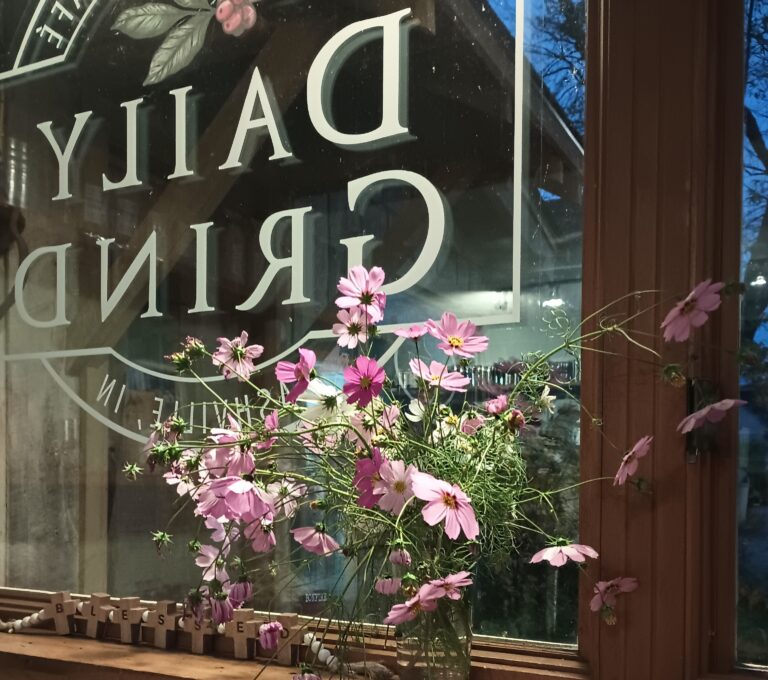 logo on window with flowers 768x680